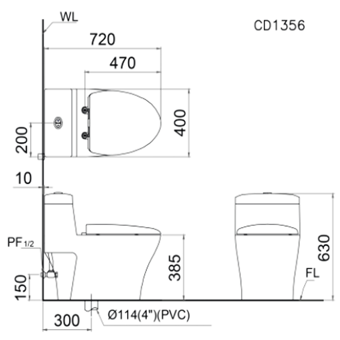 Bồn cầu 1 khối Caesar điện tử CD1356+TAF200H